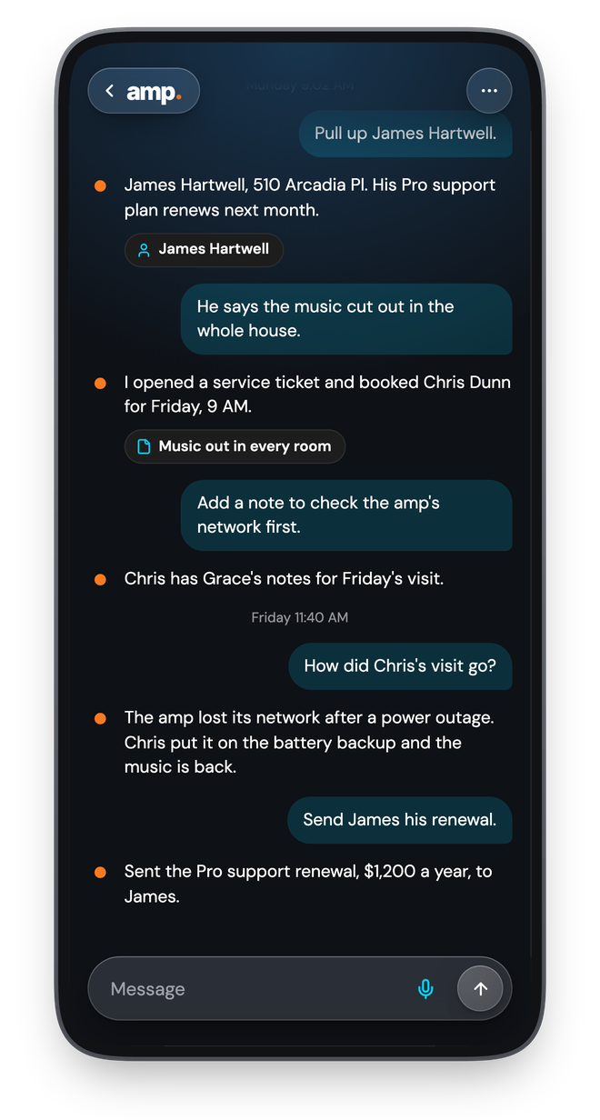 amp handling James Hartwell's service call and renewal